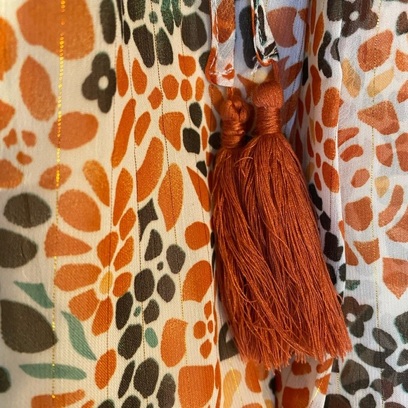 Pink Lily Floral Bohemian Maxi Dress w/ Tassels Size Small Orange Brown Cream - Picture 5 of 7